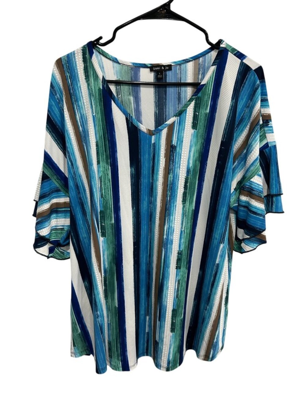 Sami & Jo Womens Ruffle Sleeve V-Neck Striped Blue Green Top Size L Boho Coastal